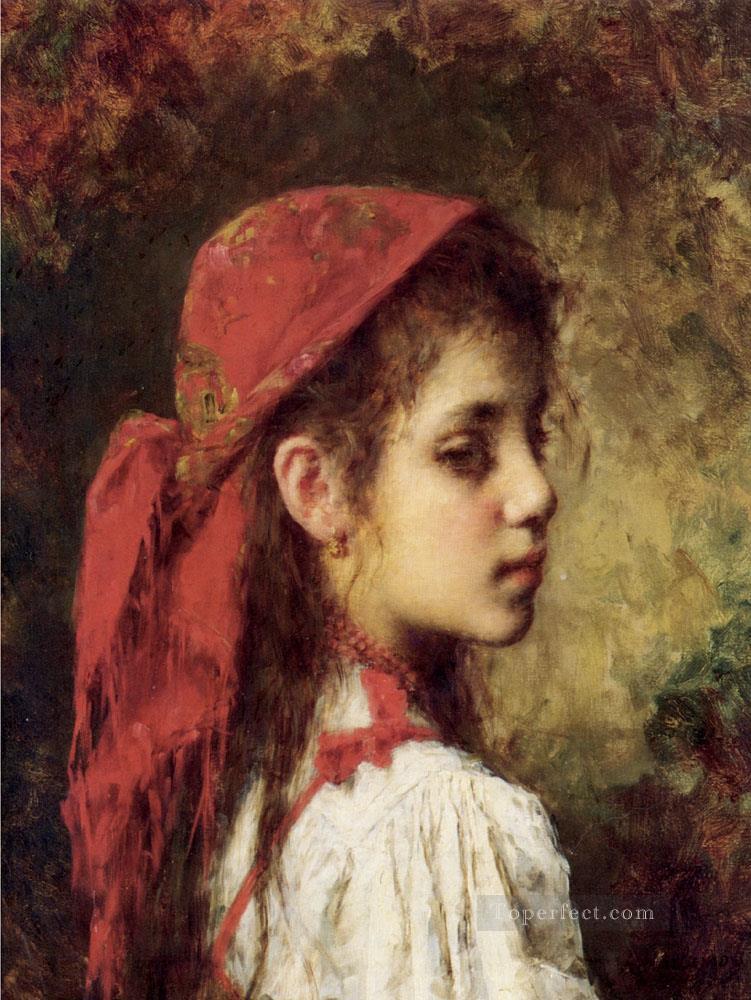 Portrait of a Young Girl in A Red Kerchief girl portrait Alexei Harlamov Oil Paintings